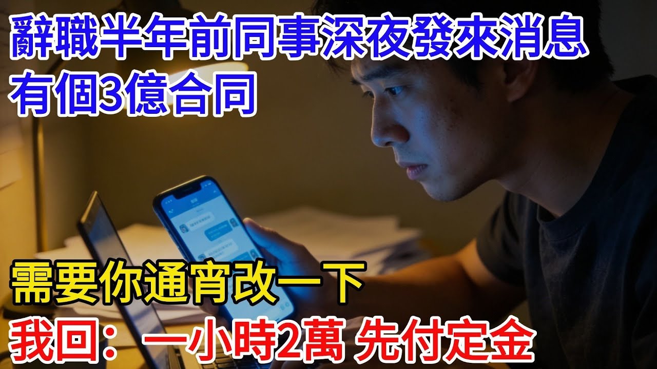 辭職半年後，前同事深夜發來消息：有個3億合同，需要你通宵改一下，我回：一小時兩萬，先付8小時定金，不付免談！ #現代故事#小説#奇聞