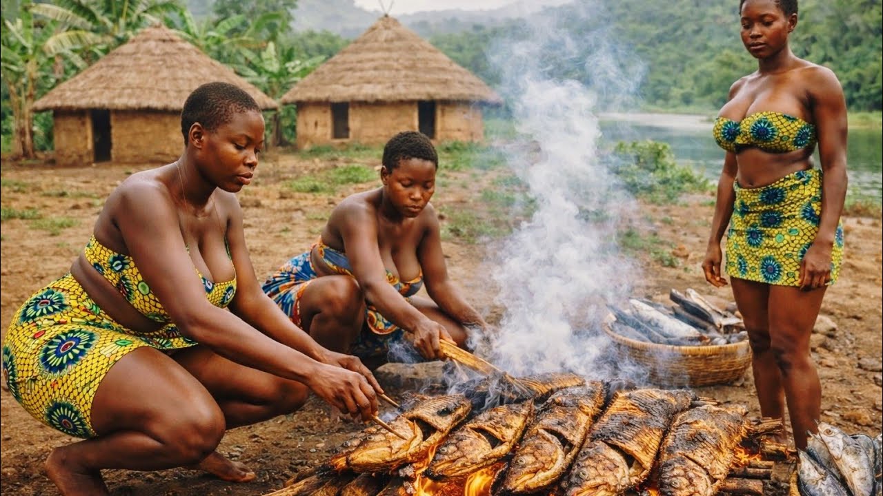 Only in Traditional African home where Younger Wives takes order from the big wife #Smoking fish