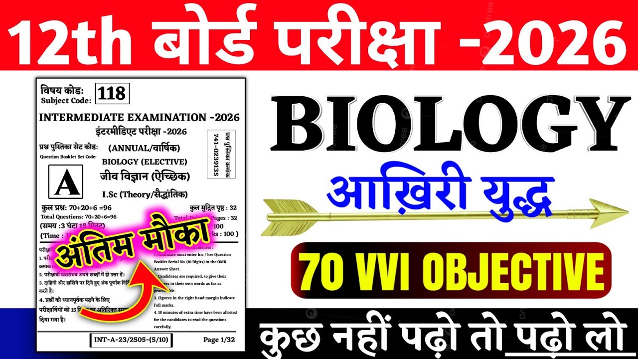 Biology Class 12th Vvi 70 Objective Question 2026 || 12th Biology Official Question Question Paper 