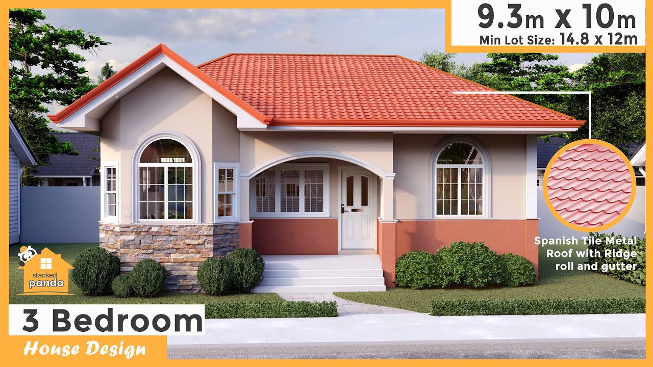 9.3 by 10 meters (30 by 33 ft), 3 Bedrooms, House Design  (85 square mtr /915 square ft)