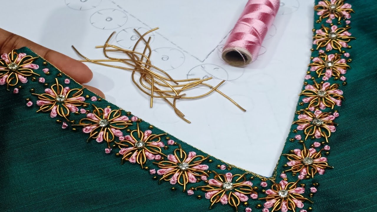 Hand embroidery kurti salwar neck with design zardosi long french knot  |V neck easy embroidery