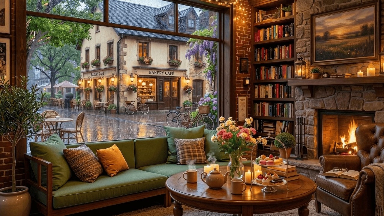 Soft Piano Jazz | Rainy Spring Cafe & Warm Fireplace Ambience 🌸
