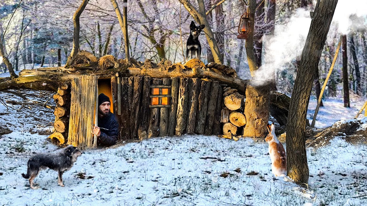 Building a Warm and Cozy Survival Dugout under a Bent Tree. Winter bushcraft