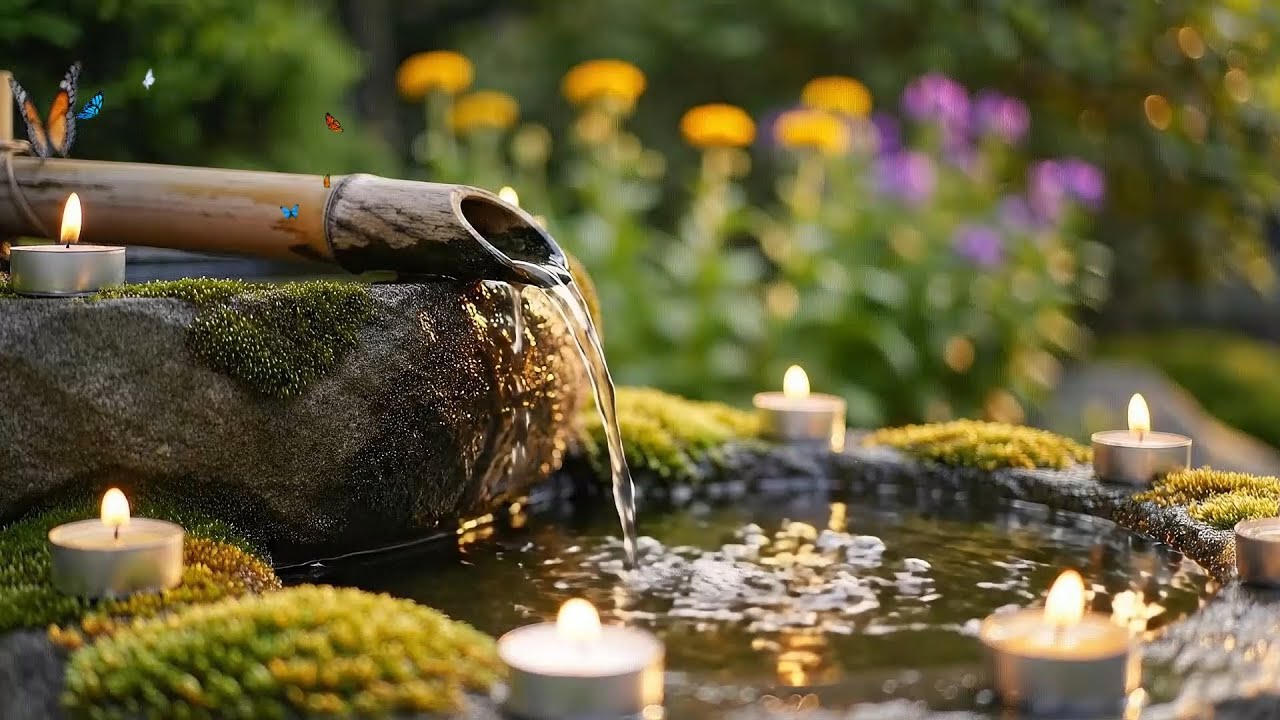 Relaxing Soft Piano Bamboo Water Fountain with Candlelight Ambience for Deep Sleep and Stress Relief