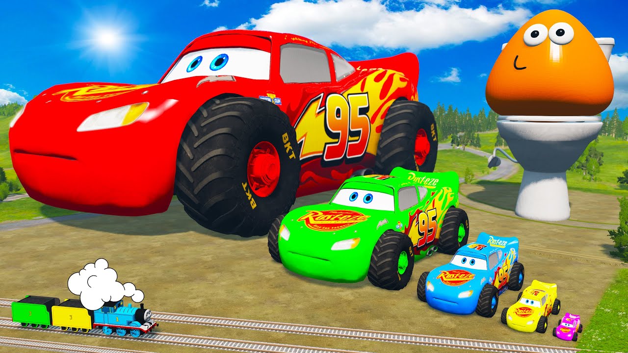 Big & Small McQueen with Monster Truck wheels VS Thomas Trains - Cars vs Deep Lava - BeamNG.drive