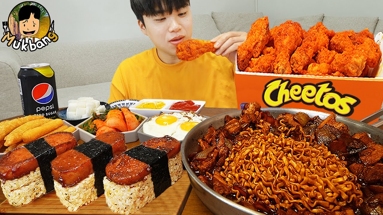 ASMR MUKBANG | Жареный цыпленок, сырная палочка, лапша с черной фасолью, кимчи Корейская еда !