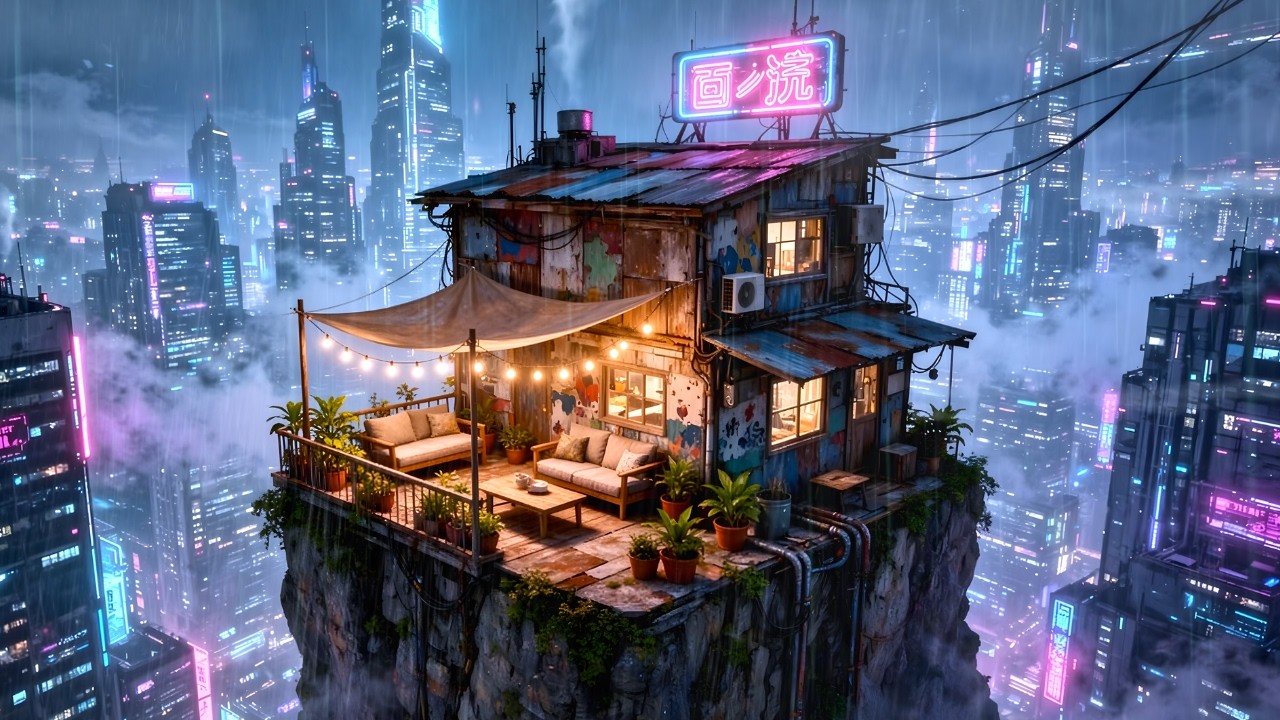 Rainy Cyberpunk Rooftop Hideout 🌧️ Cozy Shelter Above Neon City | 4K | 3 Hours Ambient Rain