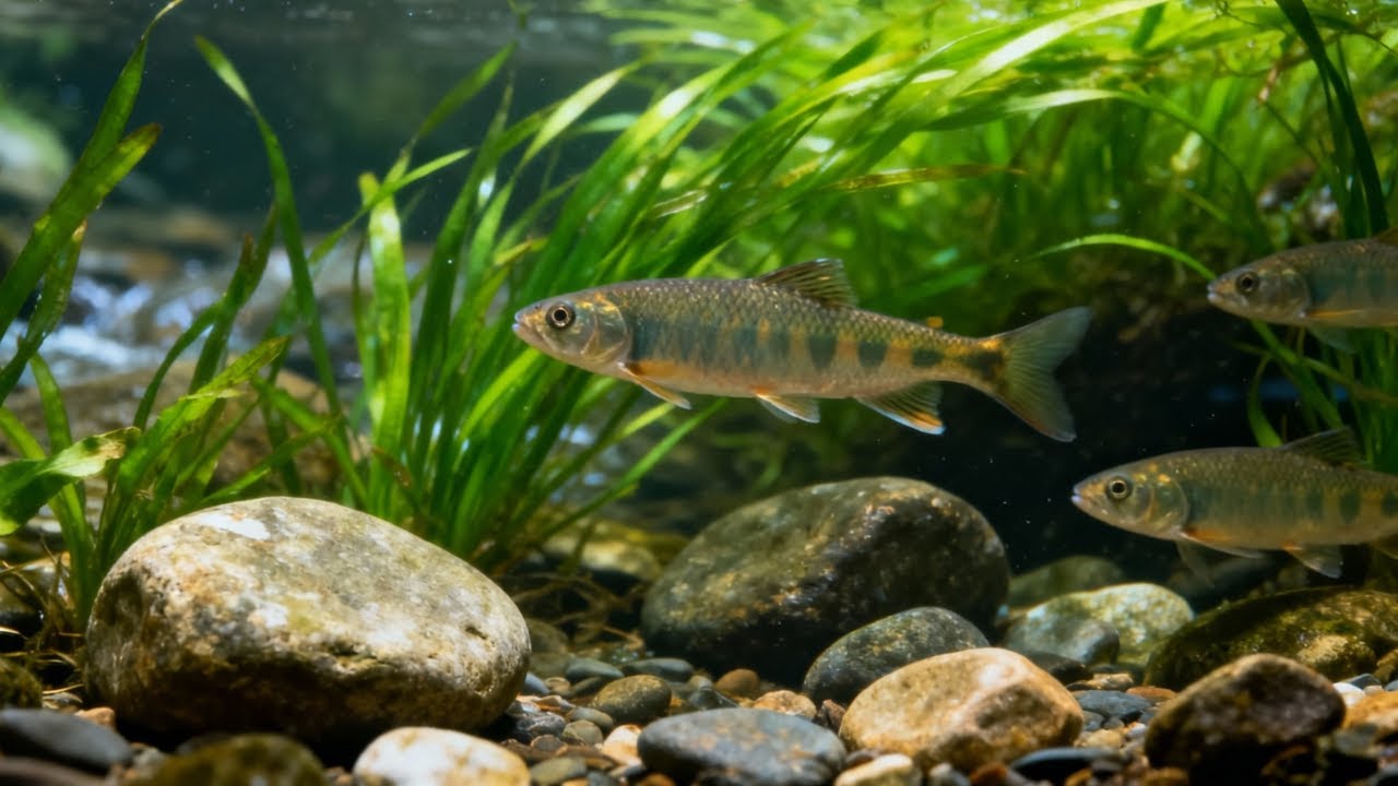 8+ Hours Peaceful Aquarium with Wild Stream Fish | Real River Flow Sounds