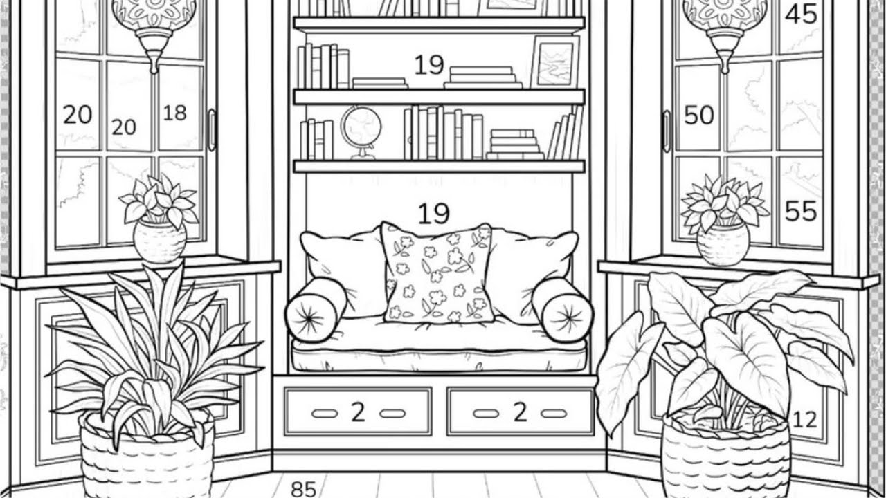 Coloring picture of a relaxing corner room with a window and a bookshelf
