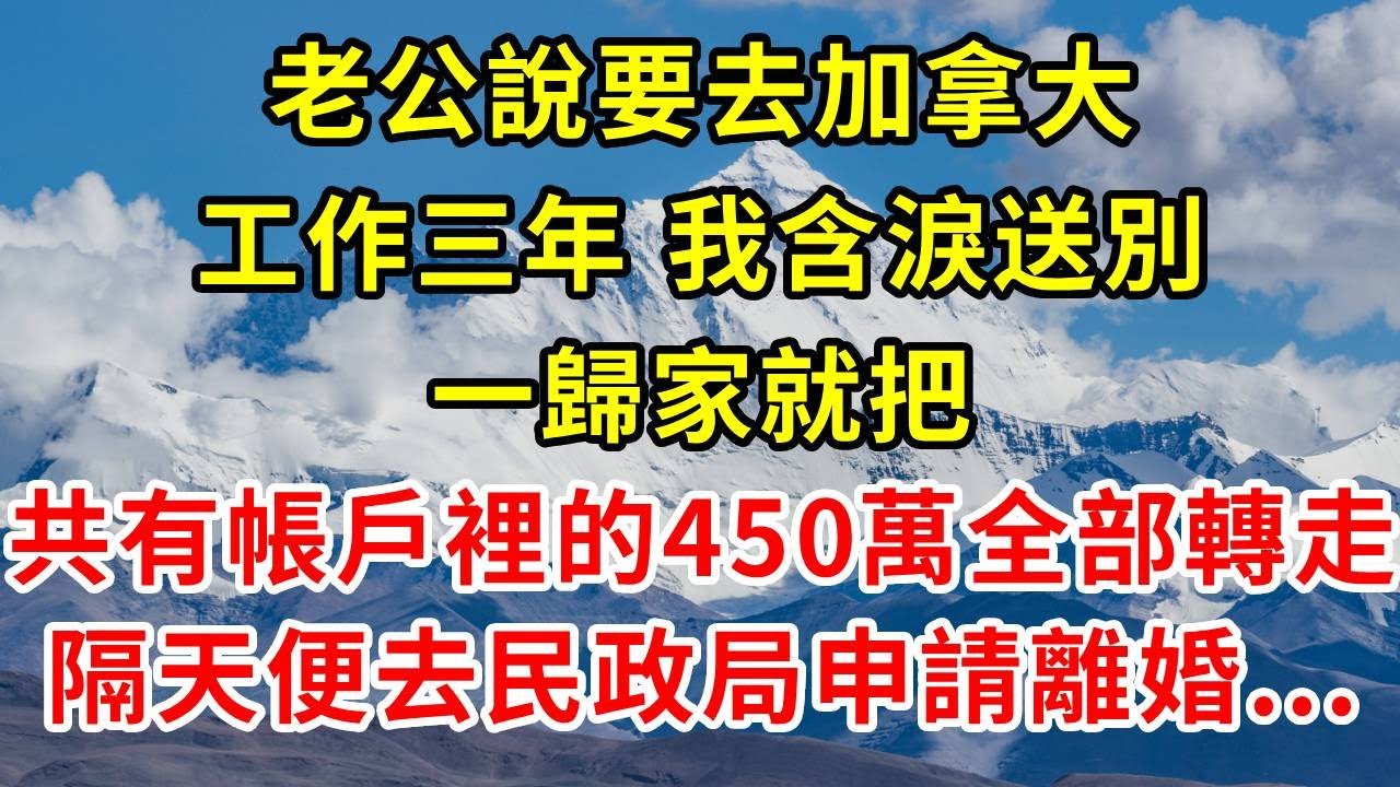 老公說要去加拿大工作三年，我含淚送別，一歸家就把共有帳戶裡的450萬全部轉走，隔天便去民政局申請離婚...#情感 #故事分享 #故事頻道 #感情 #正能量 #人生感悟