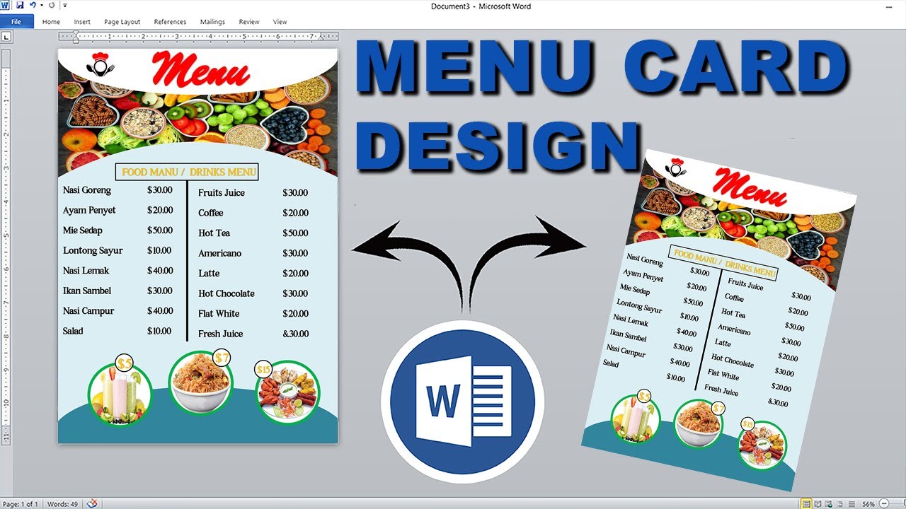 Restaurant menu card design in ms word || Menu Card