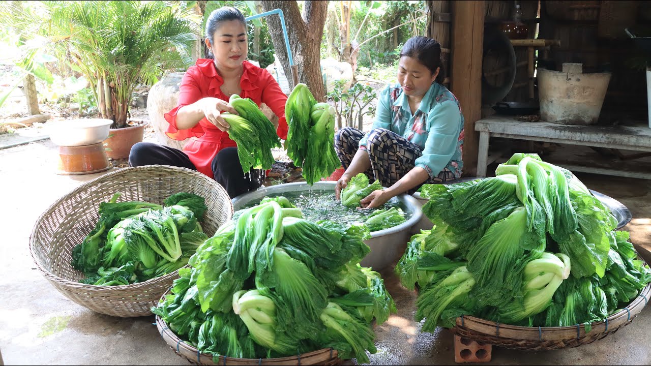 Mother and daughter cooking, Pickled Mustard Green processing and cooking