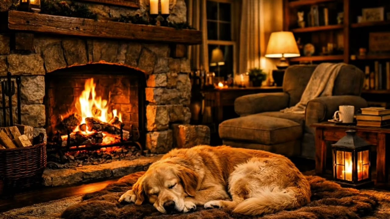 Peaceful Night by the Fireplace | 4K Ambience fireplace #fireplacesounds #cracklingfire 