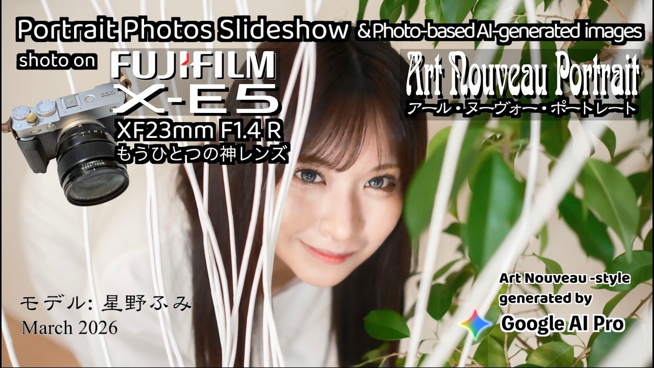 ポートレート写真スライドショー、富士フィルム X-E5、神レンズ、XF23mm F1.4 R、アール・ヌーヴォー、ミュシャ絵画風＆写実画像、生成AI、Google Gemini、Nano Banana