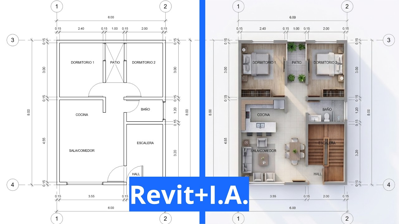 REVIT + IA - PLANO DE 6X8 BÁSICO MÁS RENDER CON INTELIGENCIA ARTIFICIAL