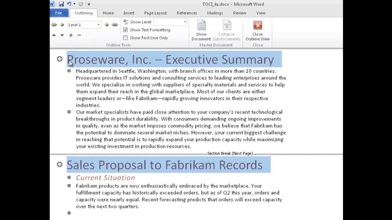 Use Outline Levels to Mark Text for a TOC