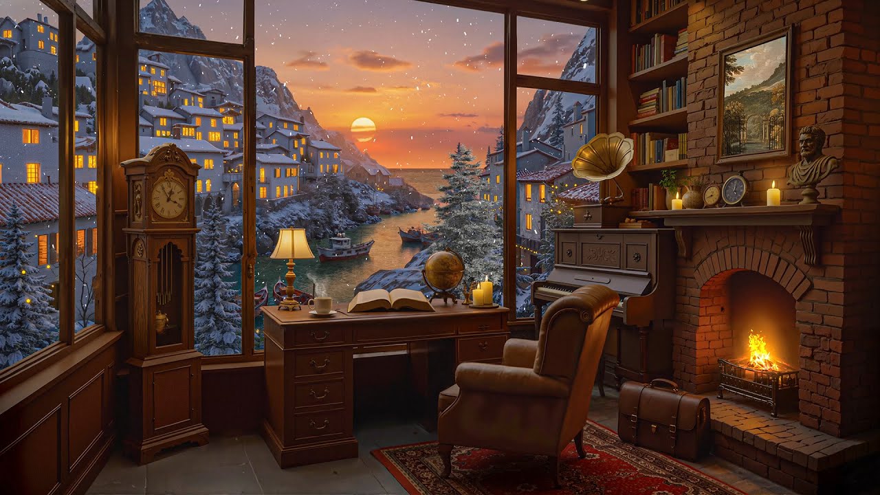 Chamber Smooth Jazz for Winter Evenings – Cozy Wooden Library Jazz with Fireplace and Sunset Calm
