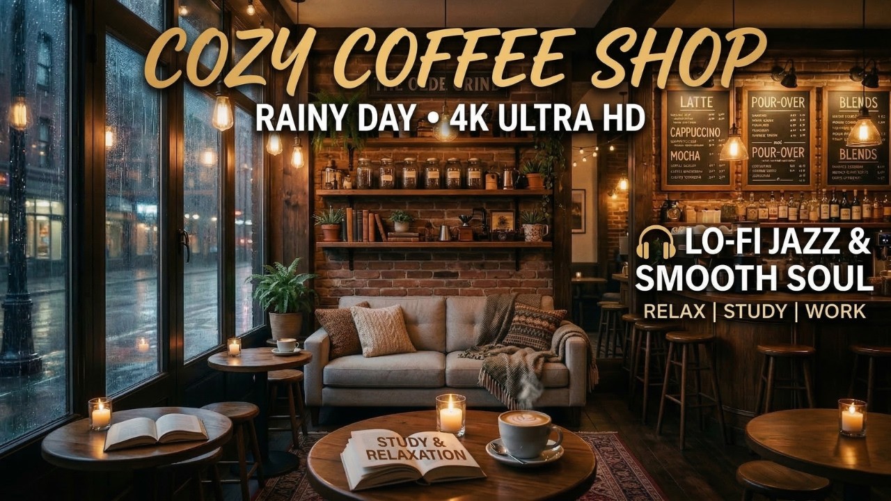 4K Cozy Coffee Shop 🎧 Lo FI smooth Jazz music relaxing study, work to, Meditation