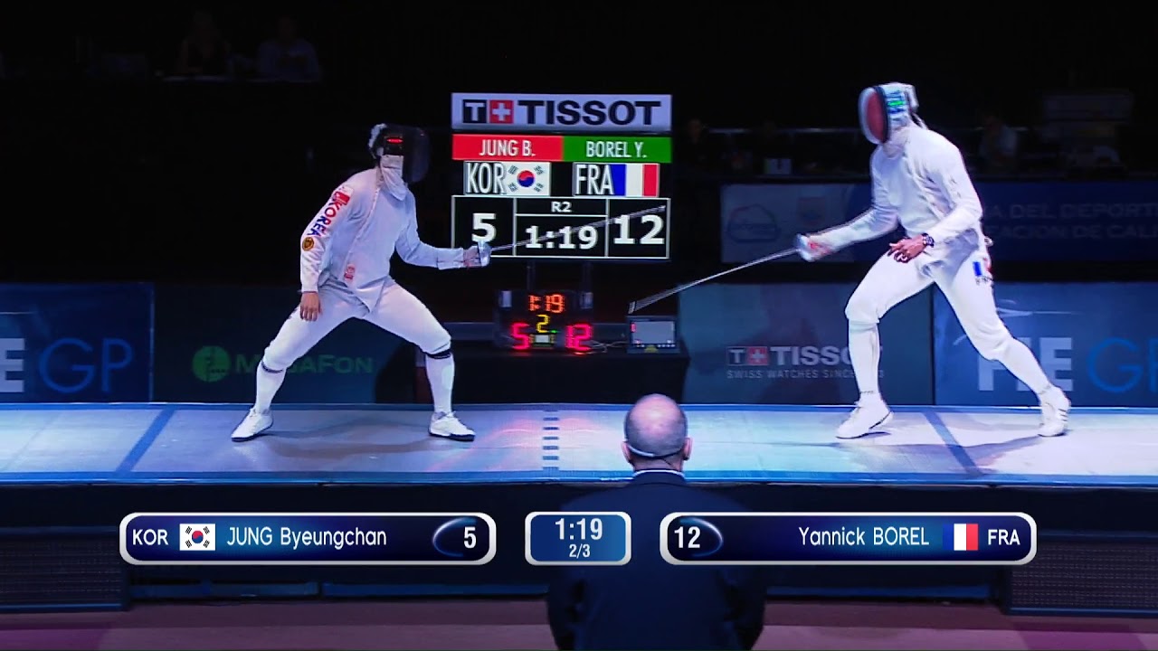 FE 2018 113 P1 M E Individual Cali COL GP podium BOREL FRA vs JUNG KOR