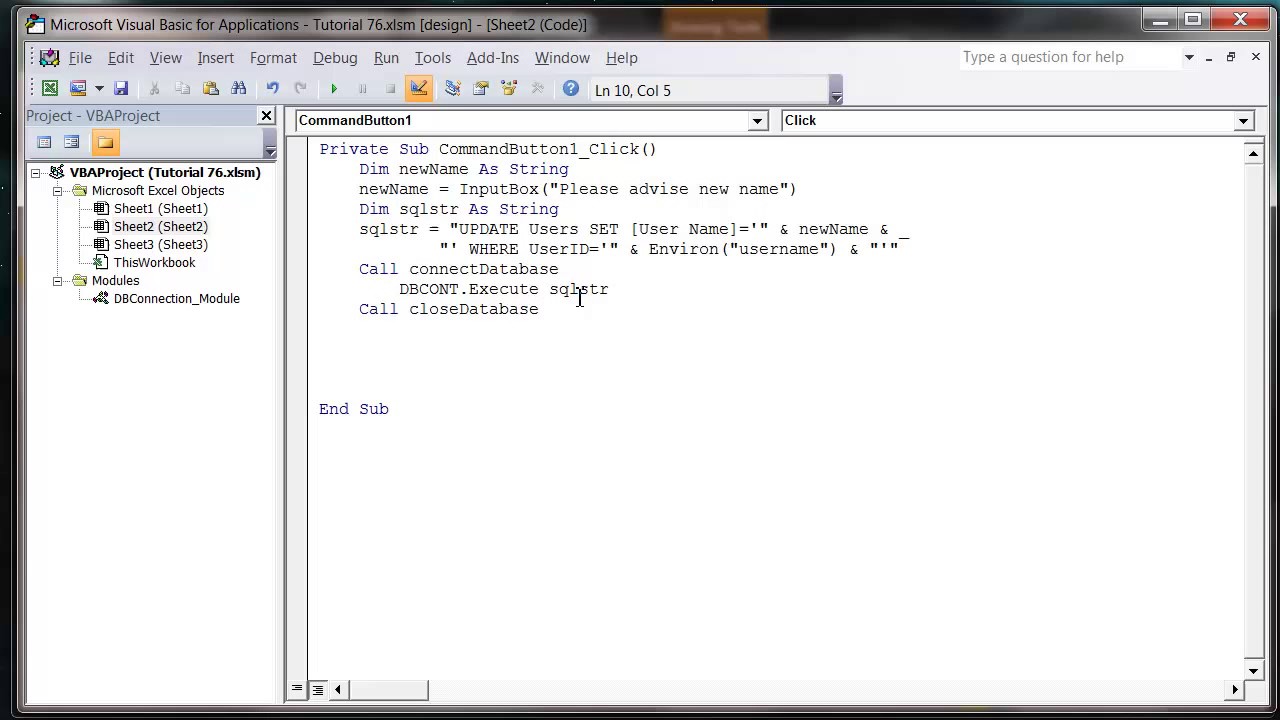 Excel 2010 VBA Tutorial 77   ADODB   SQL UPDATE