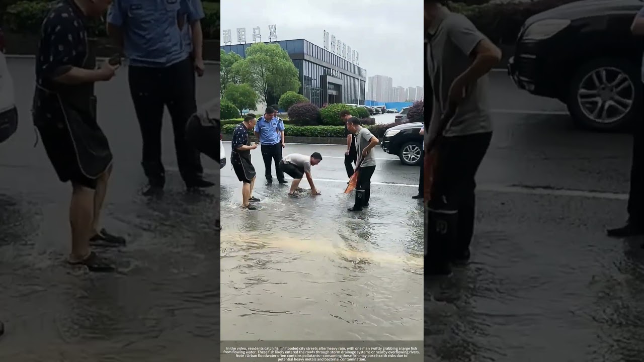 Man Catches Fish in Flooded City Streets After Heavy Rain