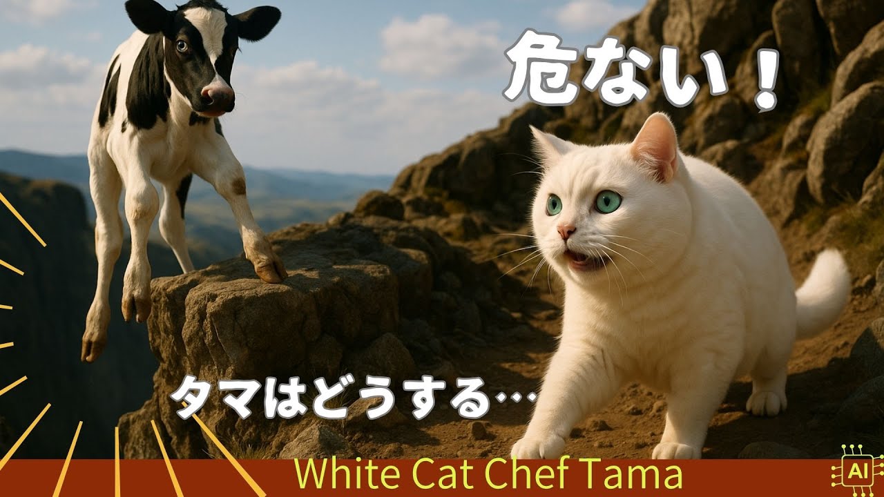 【AI猫 料理】危ない！崖から子牛が…タマはどうする？助けられるか？