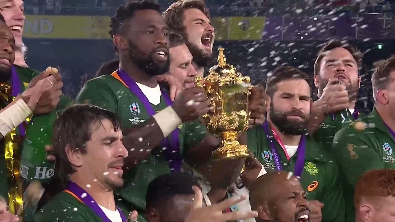 Slow mo of South Africa lifting the Webb Ellis Cup