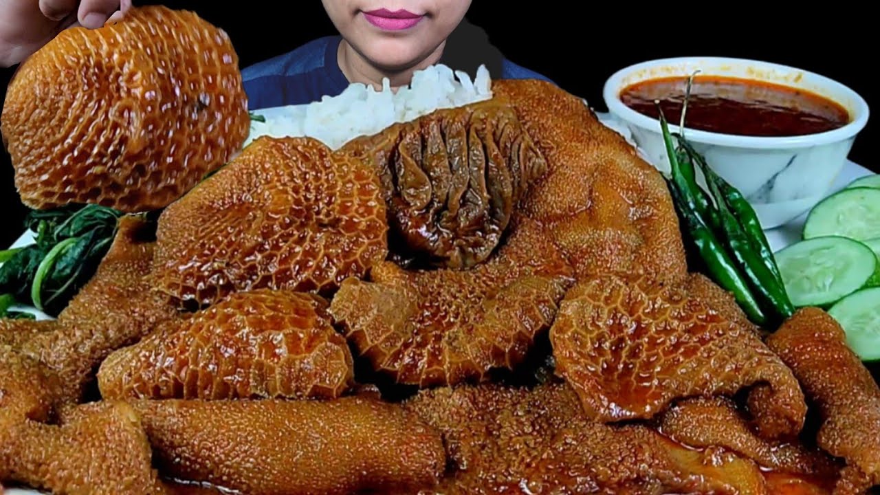 ASMR EATING SPICY MUTTON BOTI CURRY WITH RICE, MUTTON GRAVY & SALAD | GOAT INNARDS | INDIAN MUKBANG