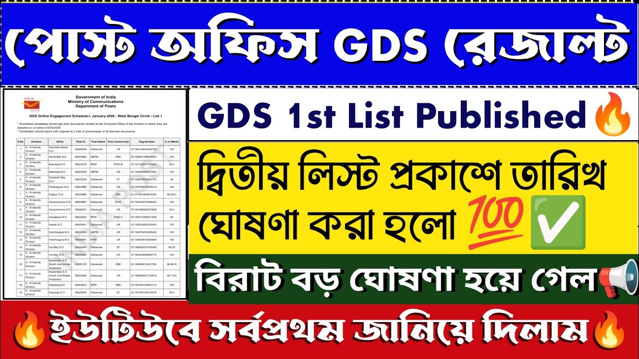 India Post GDS Result 2026 Declared | GDS 2nd list Date | gds 1st list 2026 #bhadreswarstudycentre 