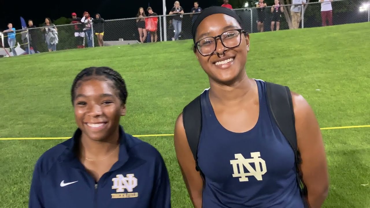Notre Dame throwers Aja Johnson and April Fontenette at the 2023 CIF-State Track and Field Prelims.