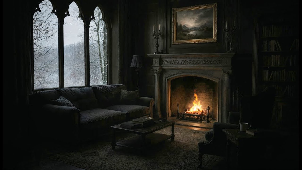 Dark Winter Victorian Living Room | Fireplace Snowfall Ambience for Sleep/Relaxation (8 Hours)