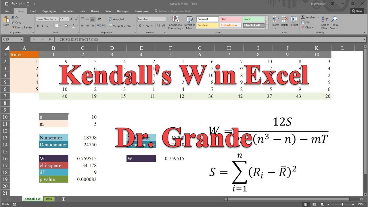 Kendall's Coefficient of Concordance (Kendall's W) in Excel