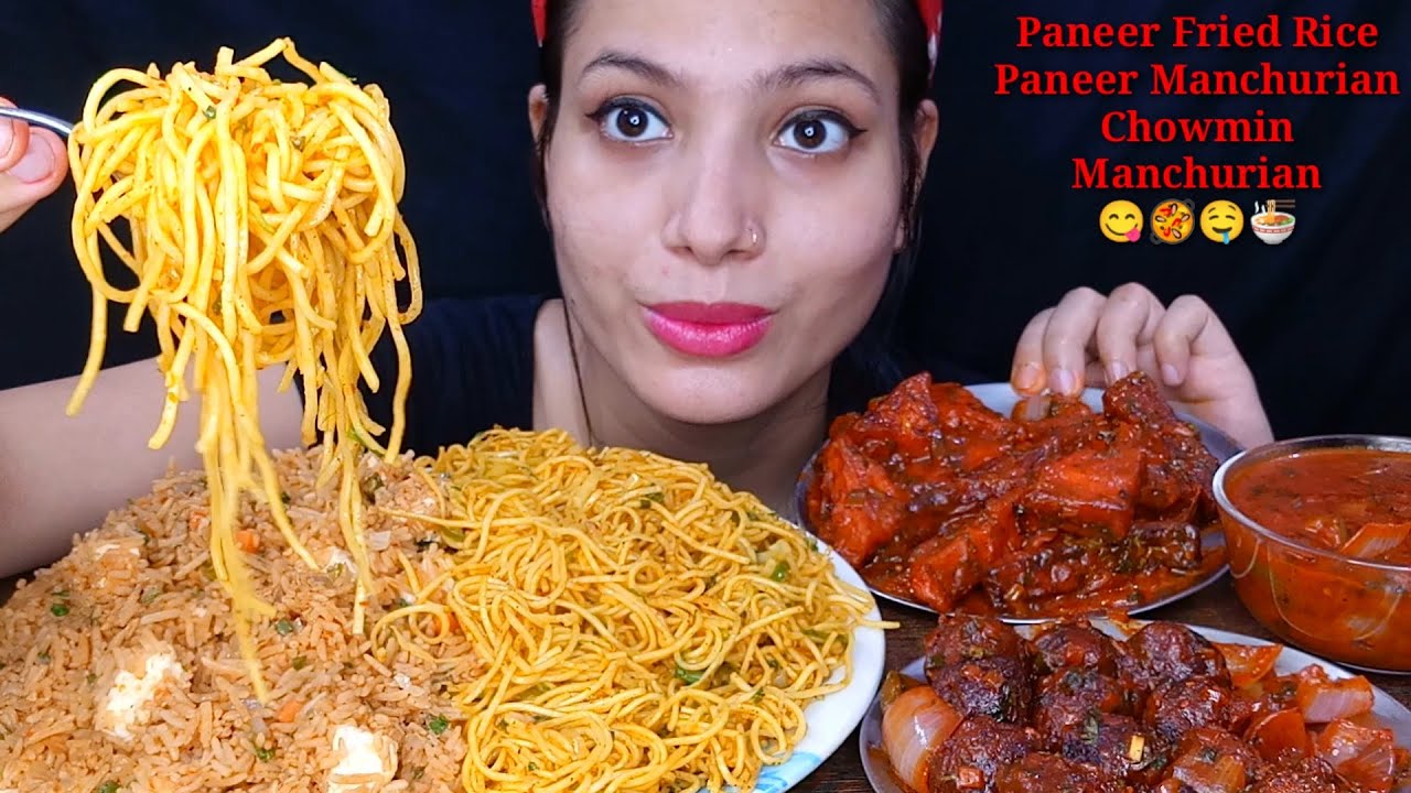 Eating Paneer Fried Rice, Chowmin, Paneer Manchurian, Dry Manchurian | Indo Chinese Feast Mukbang