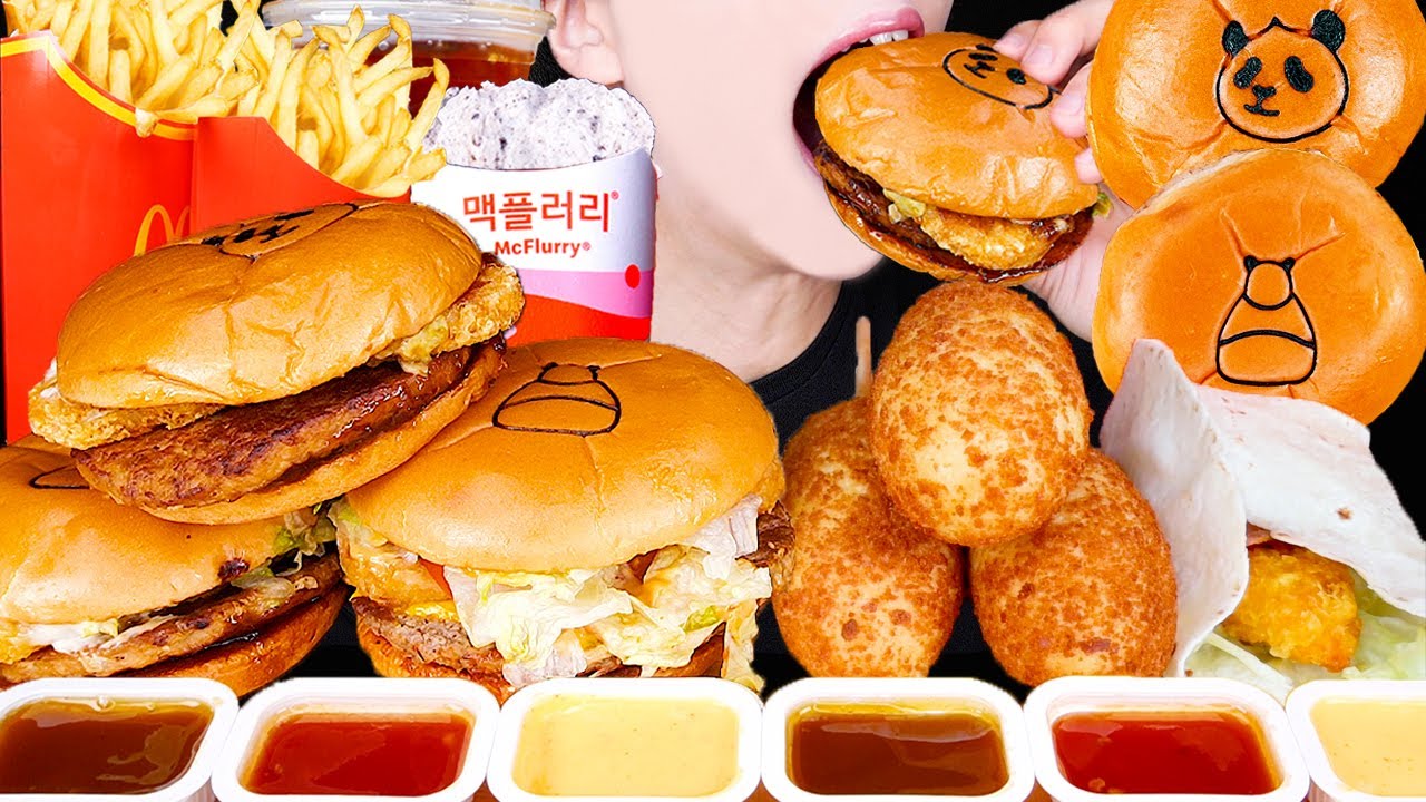ASMR MCDONALD'S FUBAO HASH BROWN BURGERS CORN DOGS CHICKEN MUKBANG 맥도날드 푸바오 먹방 プバオ 咀嚼音EATING SOUNDS