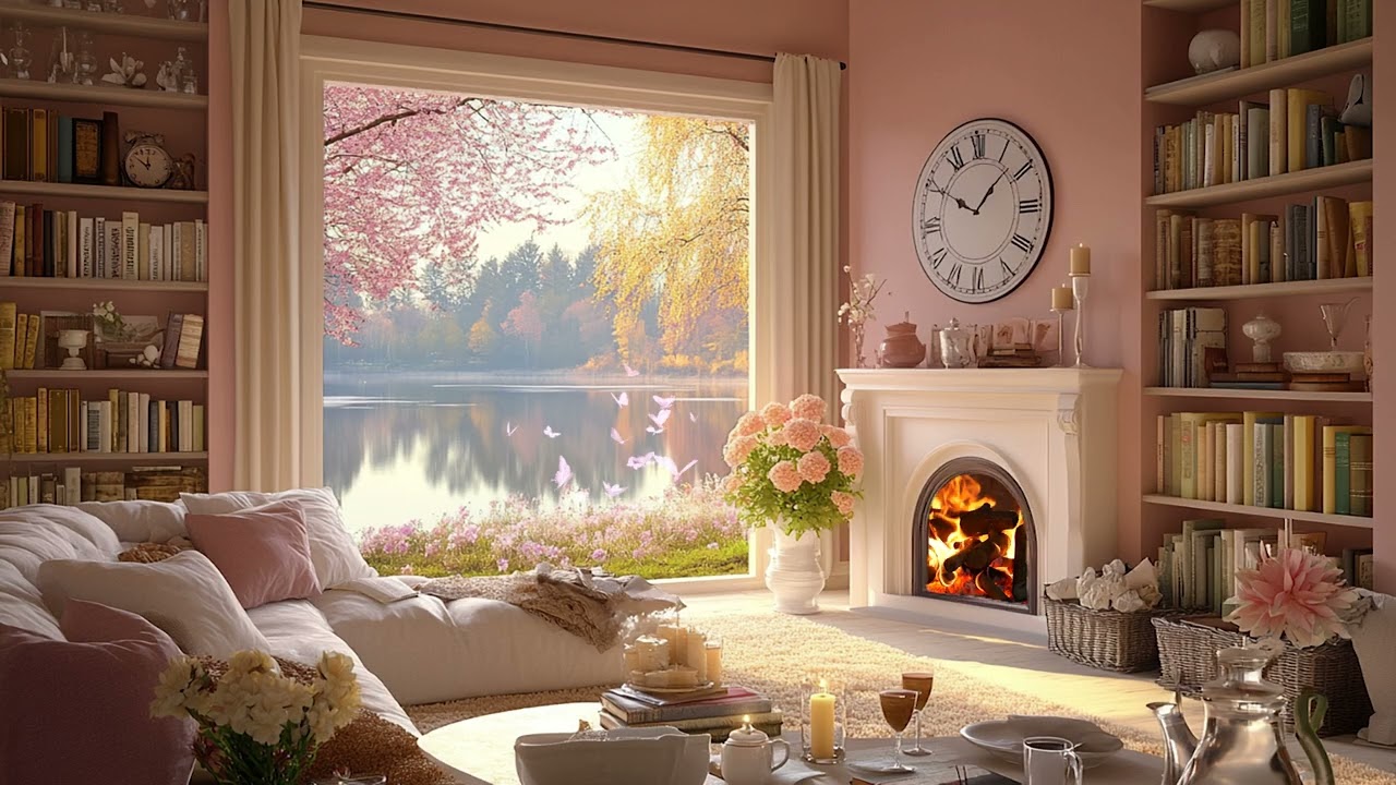 Crackling Fireplace in Living Room & Peaceful Piano | Relaxing Ambience for Sleeping & Healing