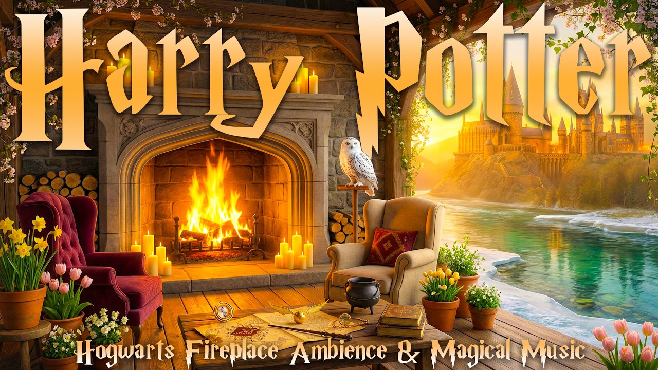 Harry Potter Spring Fireplace Ambience🔥🌿 Hogwarts Castle by the Lake | Wizarding Music