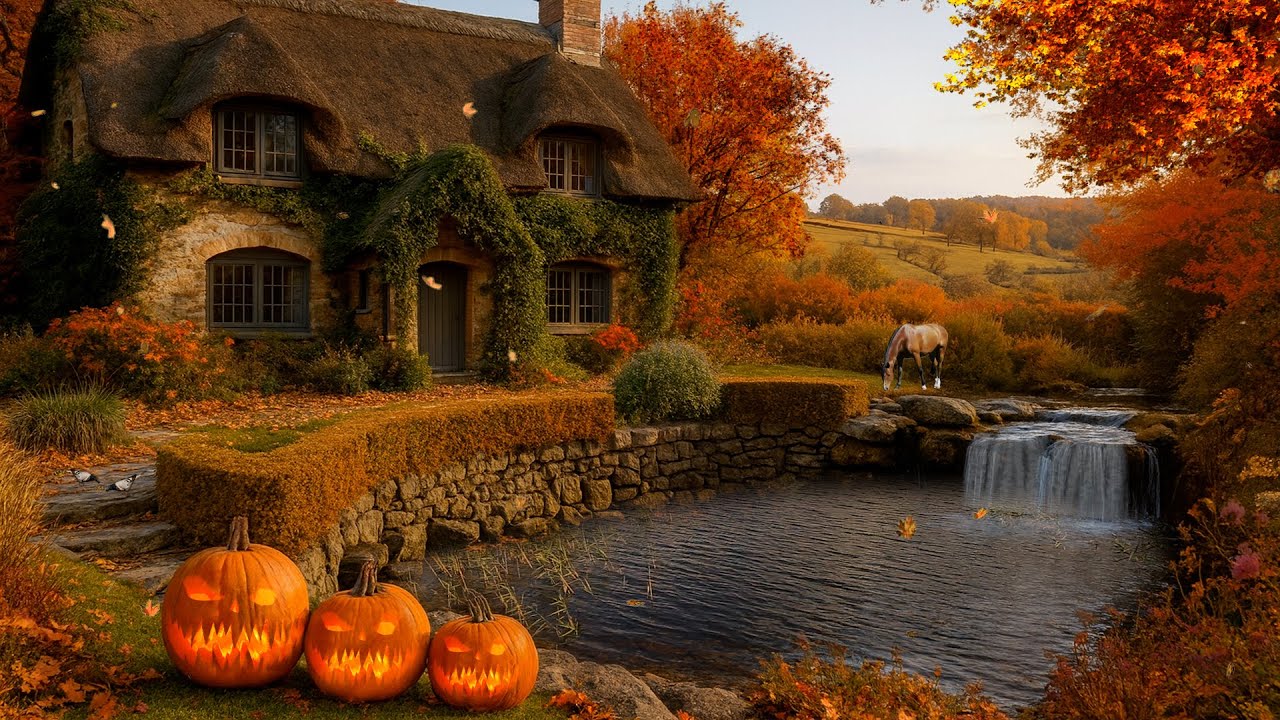 Cozy Halloween Cottage Ambience 🎃 | Autumn Countryside with Pumpkins, Waterfall & Warm Lights 🍂