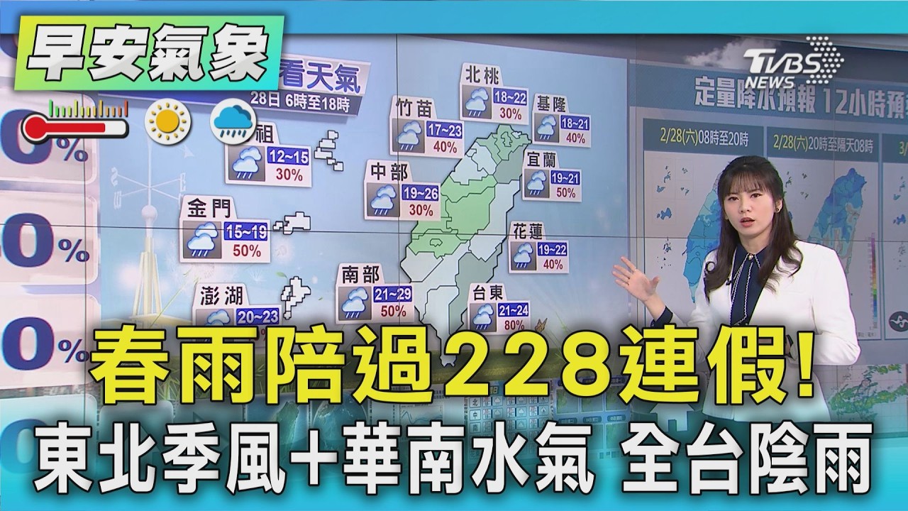 天氣/ 春雨陪過228連假! 東北季風+華南水氣 全台陰雨｜氣象主播 簡雅婷｜早安氣象｜TVBS新聞 20260228 @TVBSNEWS01
