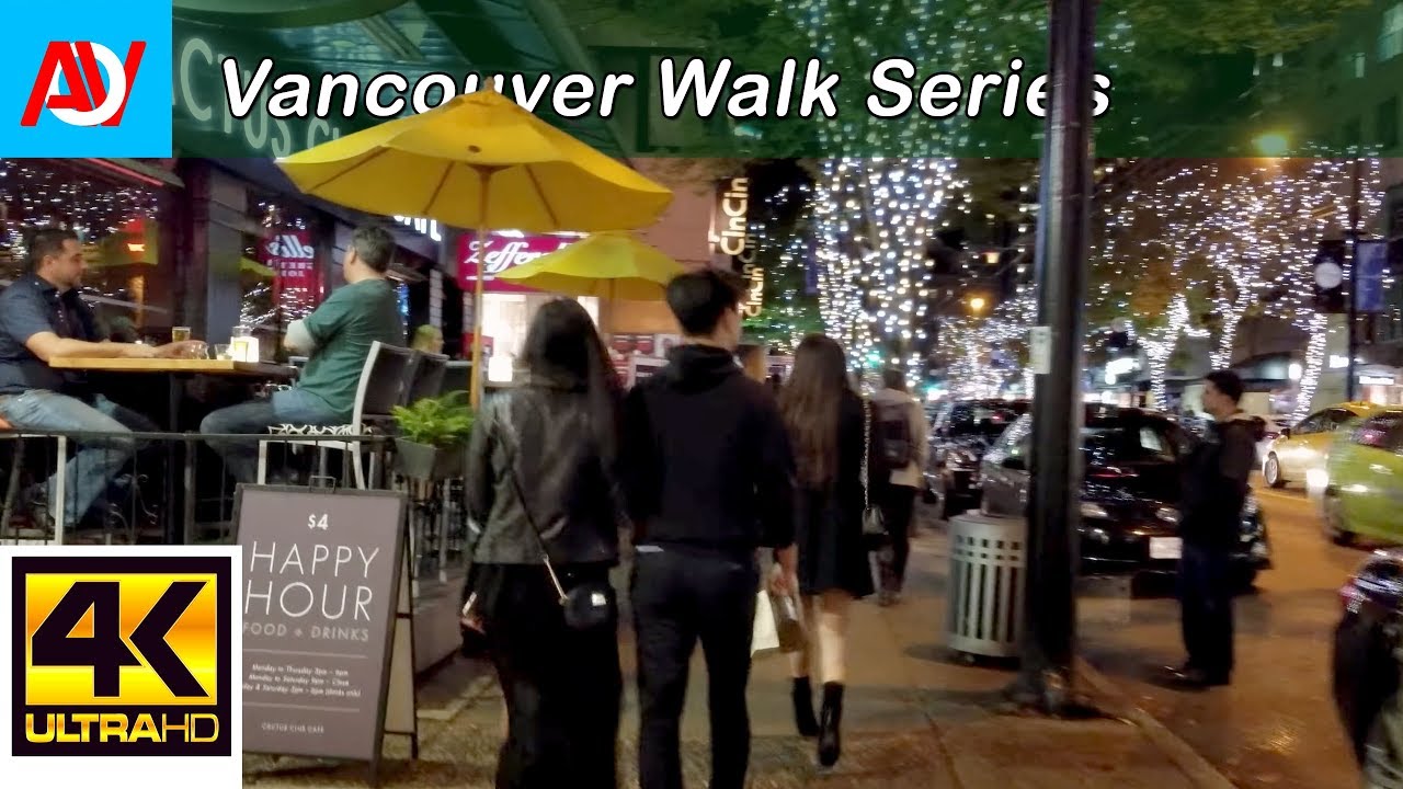 Vancouver 13 Minute WALK: ROBSON STREET (NIGHT) Heading West, Granville to Jervis - 4K