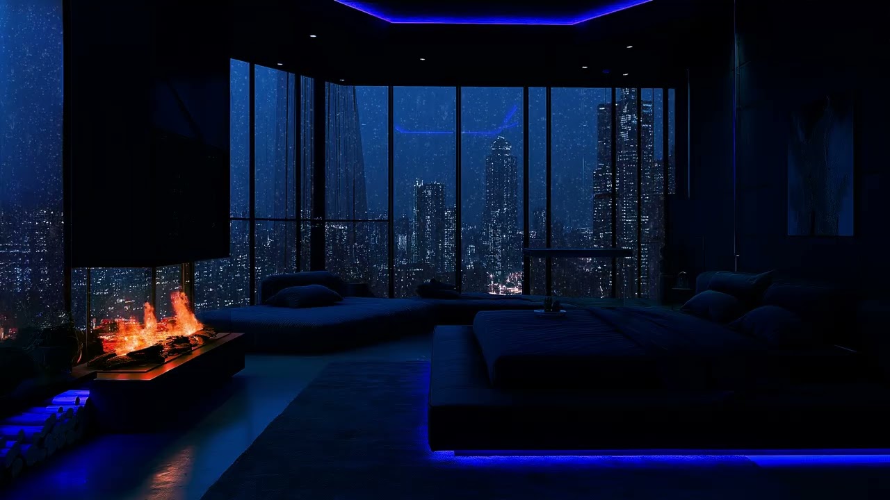 Rainy Night in a Luxury City Bedroom 🌃 | Deep Sleep Piano Music & Fireplace Ambience for Calm Mind