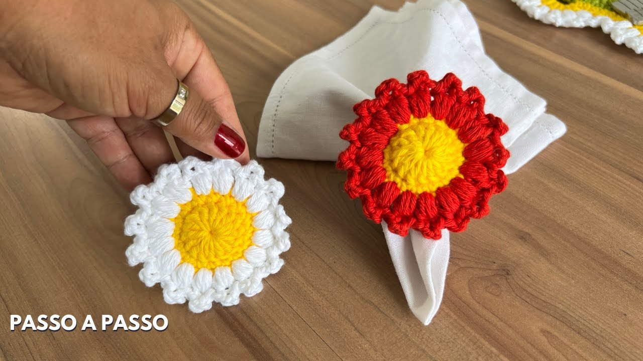Porta (Anel) guardanapos Flor Bem-Me-Quer - Jogo Americano de Crochê Margaridas - Crochet Tutorial