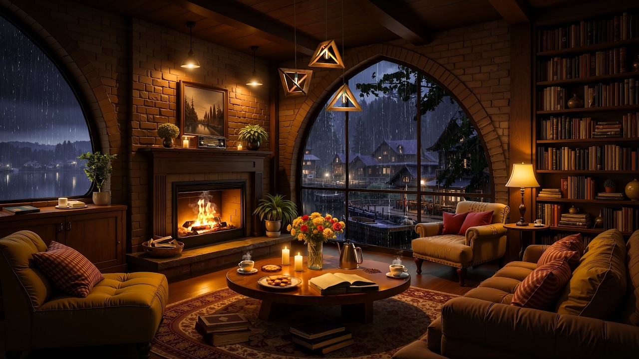 ️🎶 Quiet Rain Jazz 🌧️🔥 Cozy Cabin Living Room with Fireplace and Rainy Window Scene