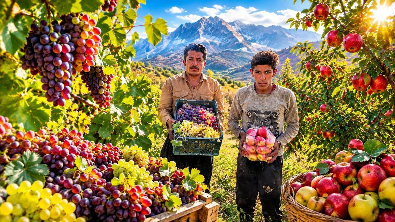 🍇🍎The real life of Dena nomads | Harvesting grapes and wild apples and a night in mountain tents🏔️🔥