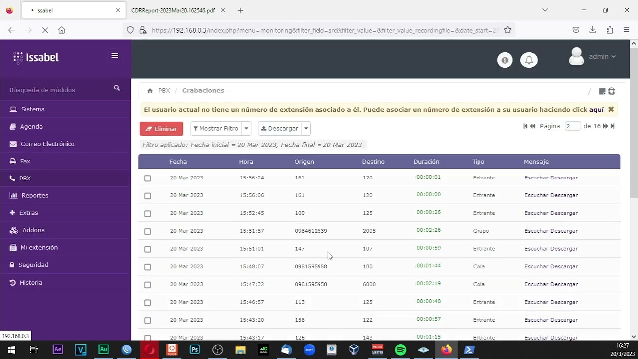 Reporte de llamadas Issabel