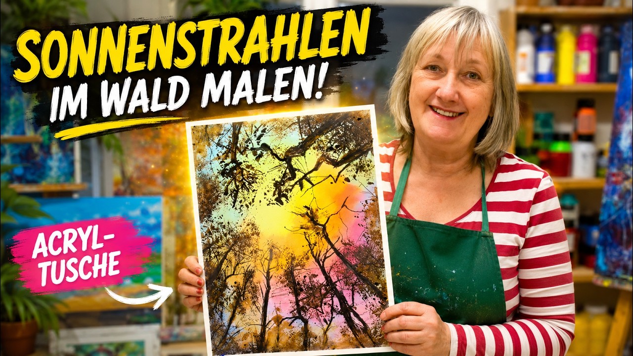 Sonnenstrahlen im Wald malen [Acryl-Tusche]