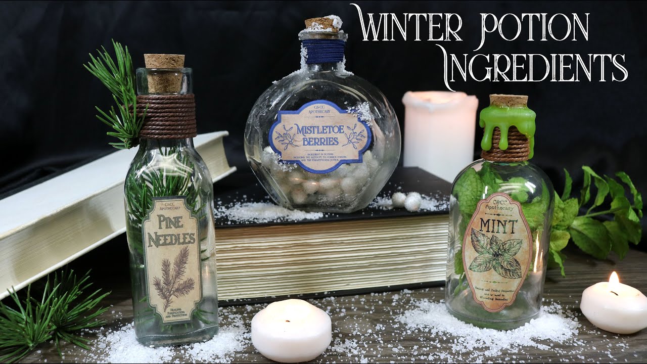 Winter Potion Ingredients : Pine : Mistletoe Berries : Mint : DIY Potion Bottle : Potion Prop