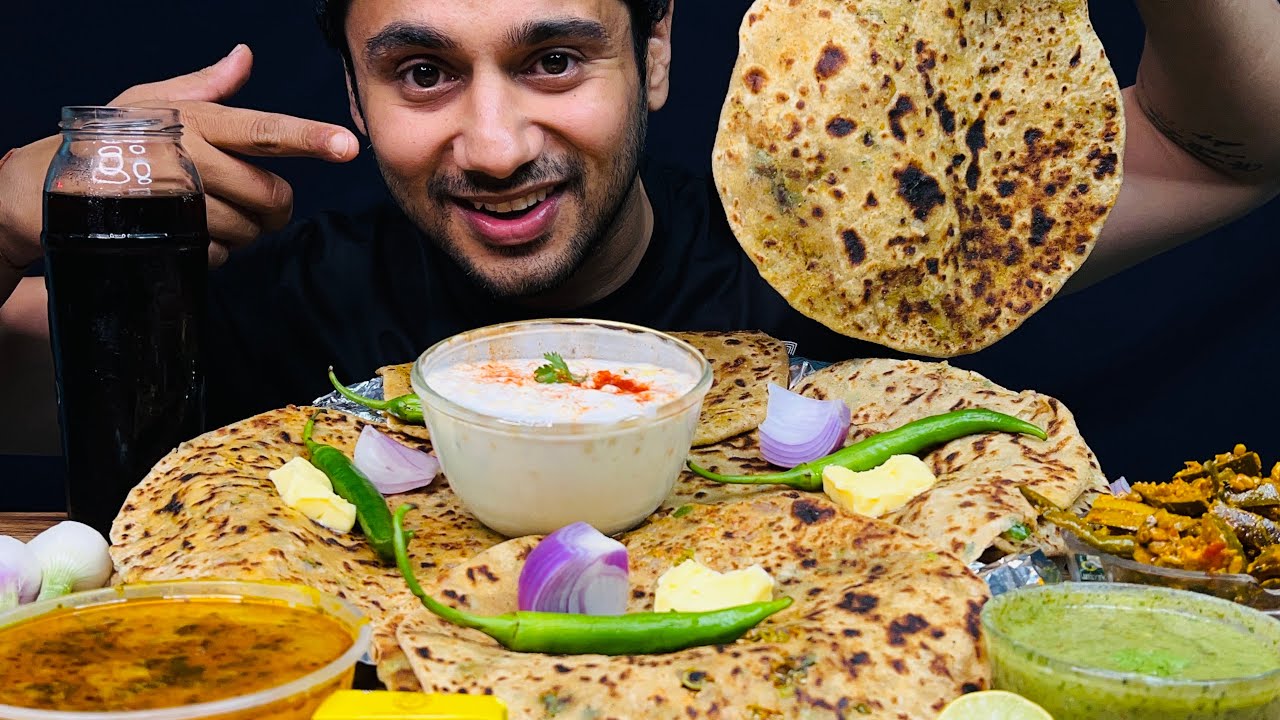 Eating Paneer Prantha, Veg keema Prantha, Mix Veg Prantha, Aloo Prantha With Aloo Sabji & Raita |