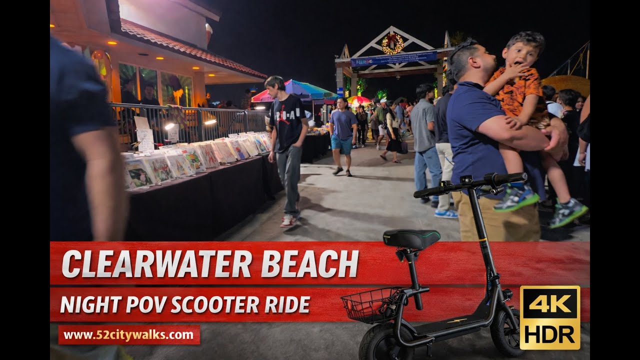 Clearwater Beach Night POV Scooter Ride 🌙 | Busy Tourist Area, Pier 60 & Sidewalk Ride (4K HDR)