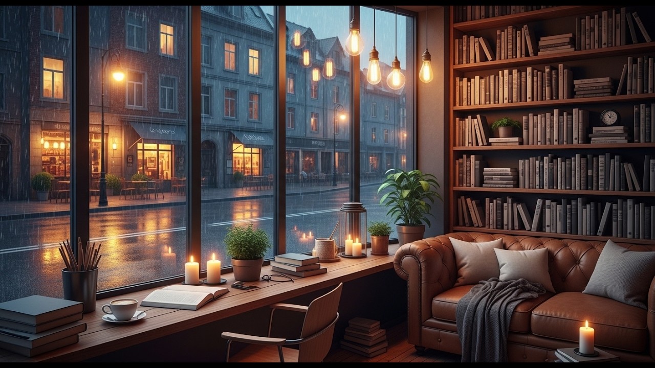 Peaceful Rainy Coffee Shop Window – Gentle Jazz Piano & Cozy Candlelight Ambience