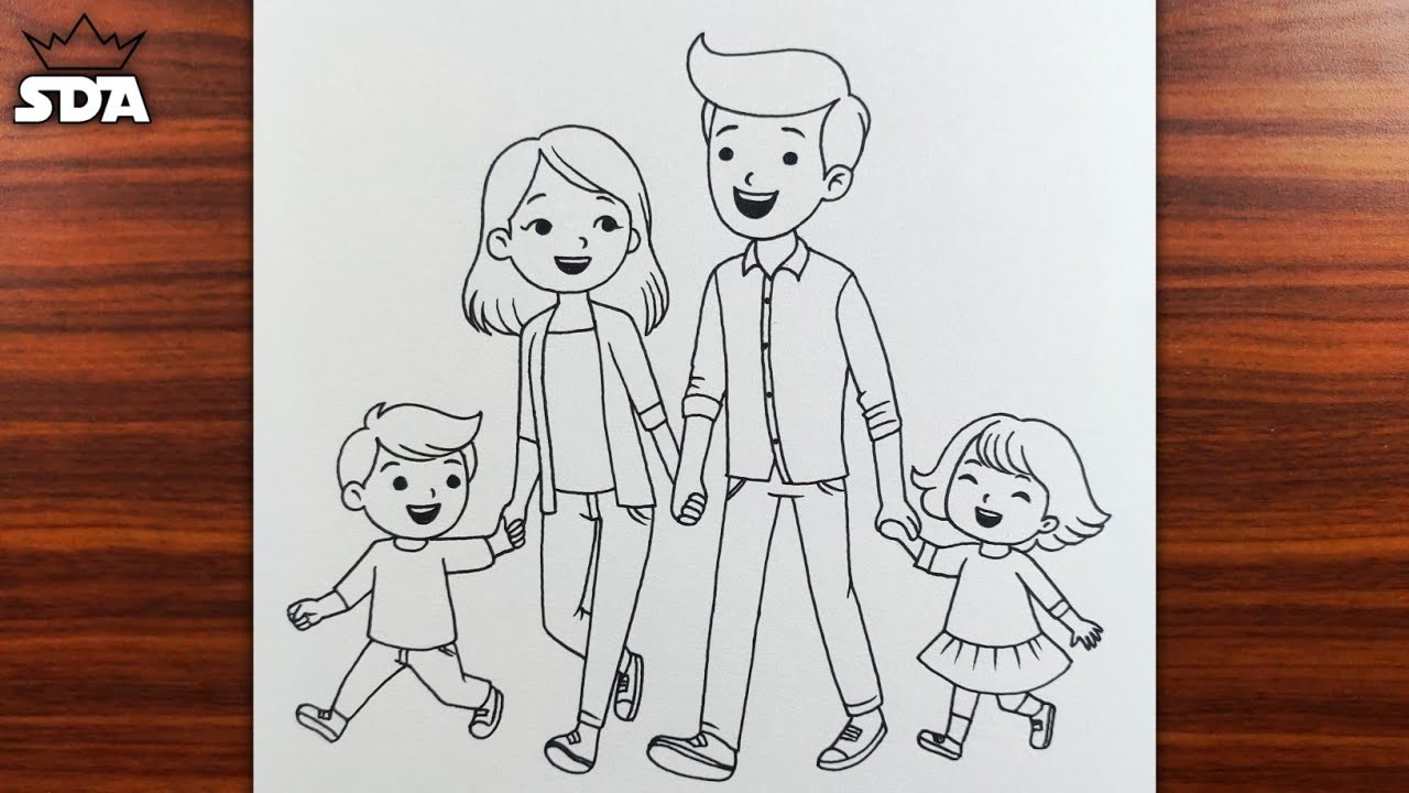 Family drawing easy | how to draw simple family||family with 4 members